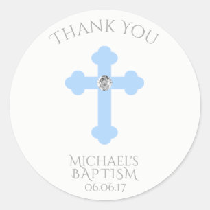 Sticker Rond Merci de baptême croisé de bleus layette/garçon