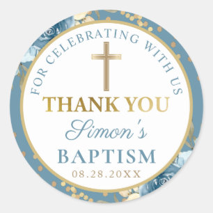 Sticker Rond Merci de Baptême Floral d'Or Bleu Dusky