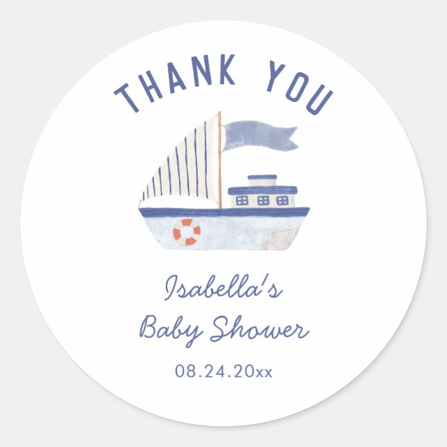 Sticker Rond Merci de bateau à voile Baby shower garçon (Devant)