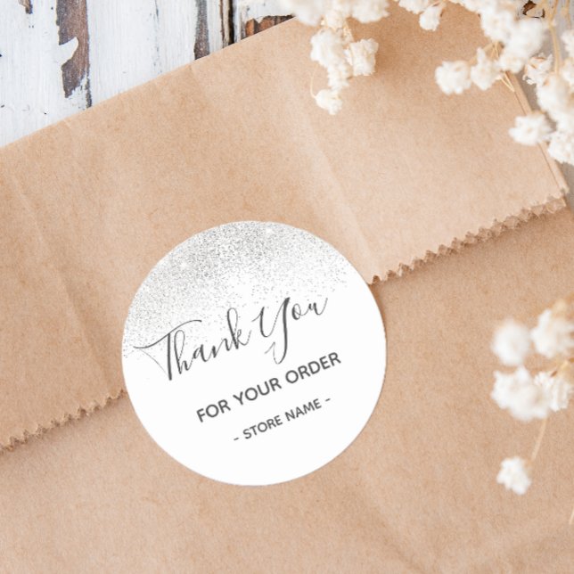 Sticker Rond Merci de commande de Parties scintillant en argent (Let your customers know you appreciate their business with these editable thank you stickers.)