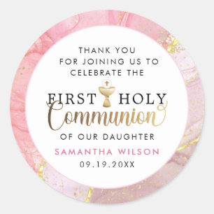 Sticker Rond Merci de communion rose et or 