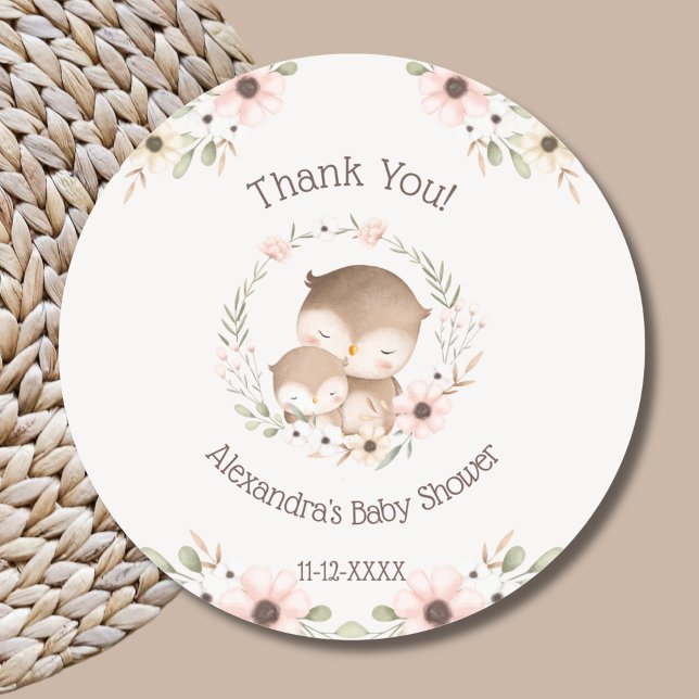 Sticker Rond Merci de  de Baby shower de Chouette de la Forêt F (Créateur téléchargé)