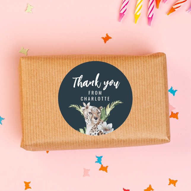 Sticker Rond Merci de fête d'anniversaire Wild Jungle Leopard (Créateur téléchargé)