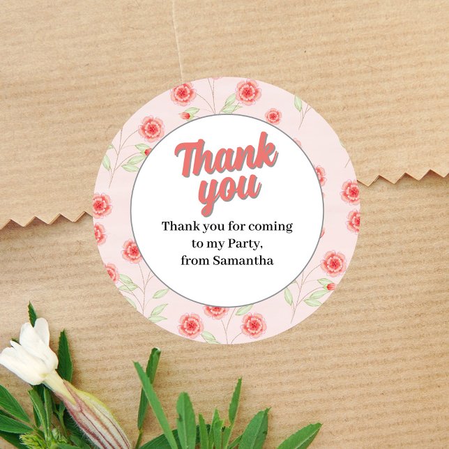 Sticker Rond Merci de fête de fille rose (Pink Floral Thank you Party Favor Stickers.)