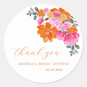 Sticker Rond Merci de Fête des mariées florale rose orange