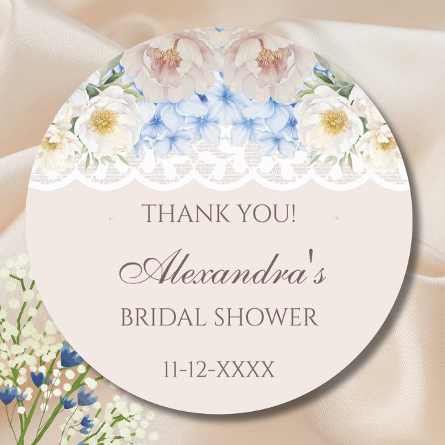 Sticker Rond Merci de Fête des mariées Peony Blue Hydrangea (Créateur téléchargé)