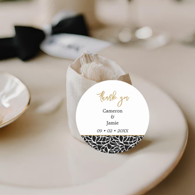 Sticker Rond Merci de feuillage noir et blanc élégant (Stylish Black and White Foliage Thank You Classic Round Sticker)