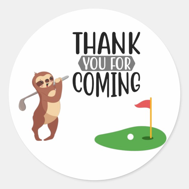 Sticker Rond Merci de golf avec texte et drapeau Golfer Sloth (Devant)