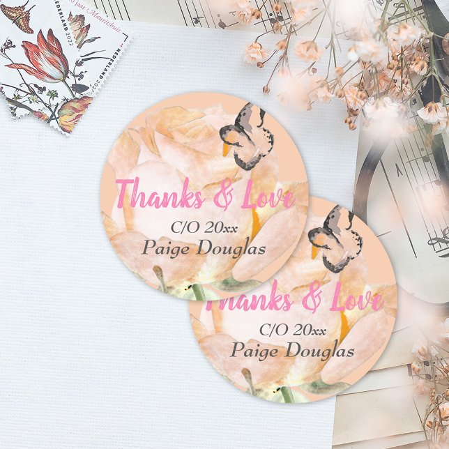 Sticker Rond Merci de graduation florale rose (peach pink floral graduation sticker envelope seal label congratulations grad thank you party favor)