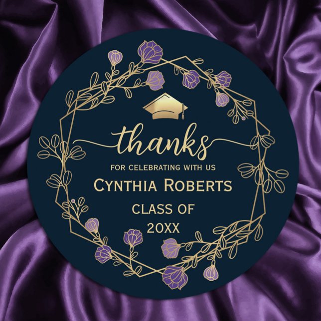 Sticker Rond Merci de graduation Marine Blue Gold Floral ("Golden gratitude blooms! 🎓✨ Our round frame purple and gold flower thank you stickers #glamour )