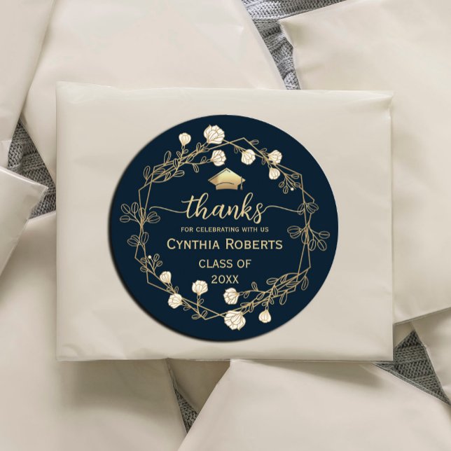 Sticker Rond Merci de graduation Marine Blue Gold Floral (a gold frame adorned with white and gold flowers, with a gold graduation cap. #gradparty #Graduation)