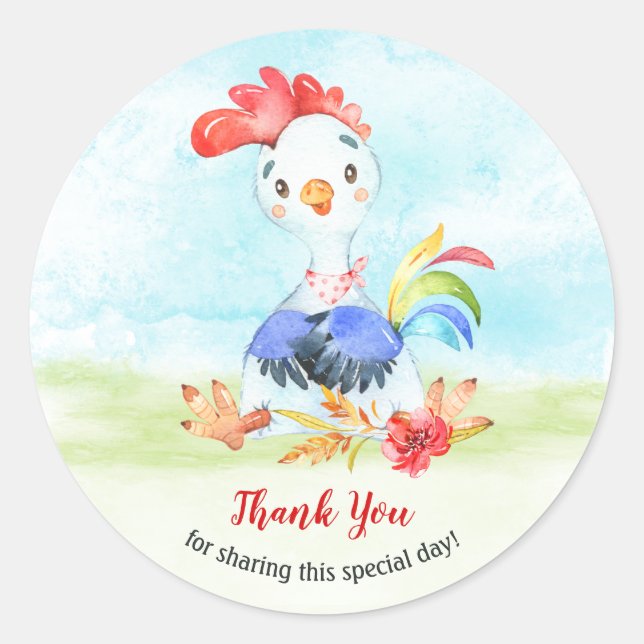 Sticker Rond Merci de la ferme de coq aquarelle (Devant)