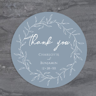 Sticker Rond Merci de Mariage à feuilles minimales bleu poussié