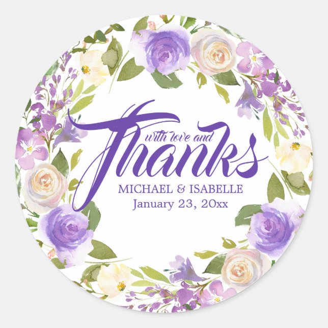 Sticker Rond Merci de Mariage blanc violet (Devant)