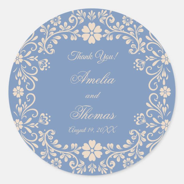 Sticker Rond Merci de Mariage bleu rustique (Devant)