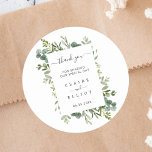 Sticker Rond Merci de Mariage de couronne verte Eucalyptus<br><div class="desc">Cet autocollant de remerciement mariage présente des eucalyptus à l'aquarelle peinte,  des feuilles verts et des couronnes botaniques. Pour une personnalisation plus avancée de cette conception,  cliquez sur le lien "Customiser plus loin". Des articles correspondants sont également disponibles.</div>
