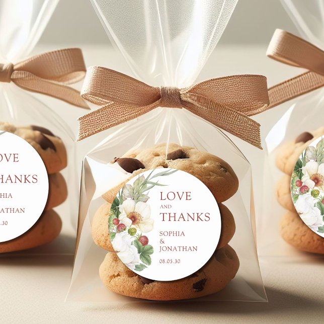 Sticker Rond Merci de Mariage de fraise blanc à la rose sauvage (White Rose and Wild Strawberry Love and Thanks Wedding Favor Stickers)