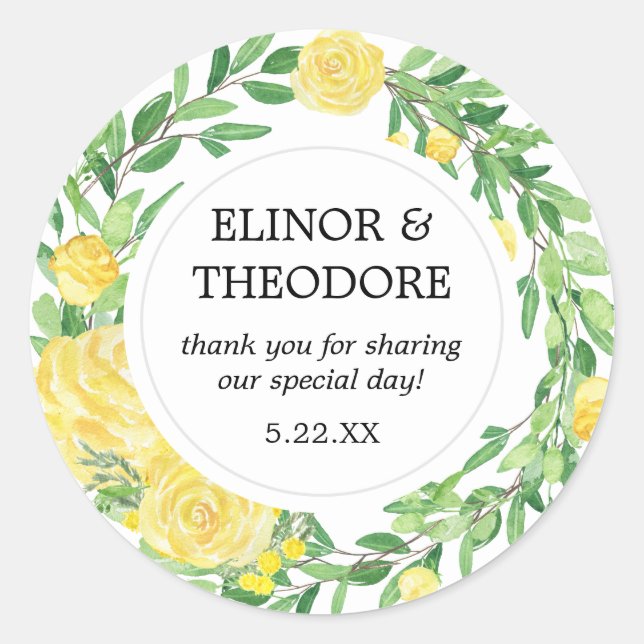 Sticker Rond Merci de Mariage de rose jaune (Devant)