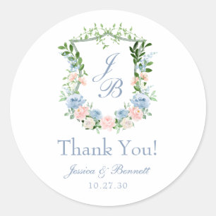 Sticker Rond Merci de Mariage en crête florale bleu poussiéreux
