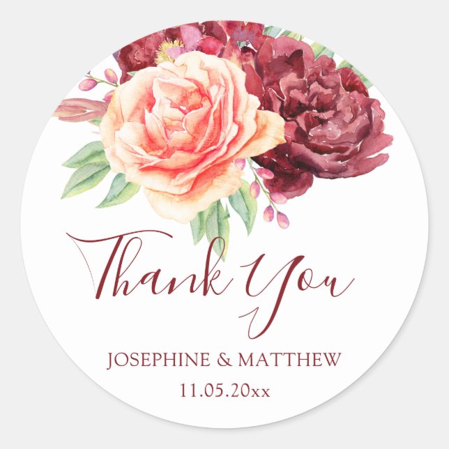 Sticker Rond Merci de Mariage Rose d'aquarelle Bourgogne Peach (Devant)