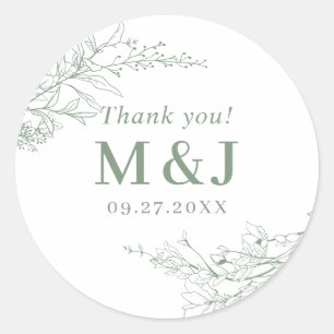 Sticker Rond Merci de monogramme de couronne de fleurs vert Sag