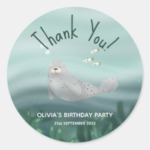 Sticker Rond Merci de phoque bleu mou Anniversaire de enfant