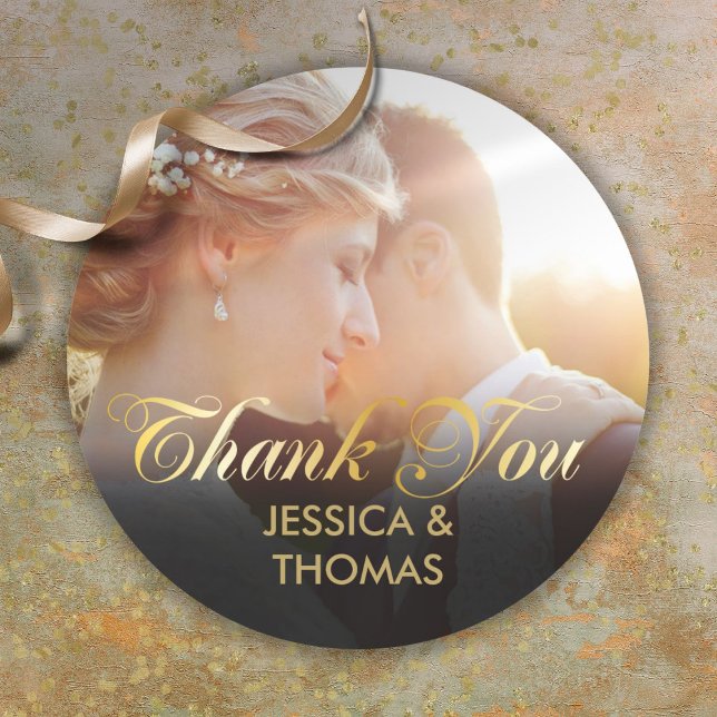 Sticker Rond Merci de script d'or photo personnalisé (Personalized Photo Gold Script Thank You Classic Round Sticker)