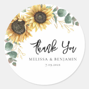 Sticker Rond Merci de script Mariage de tournesol Eucalyptus