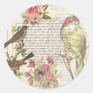 Sticker Rond Merci découpage botanique oiseau vintage