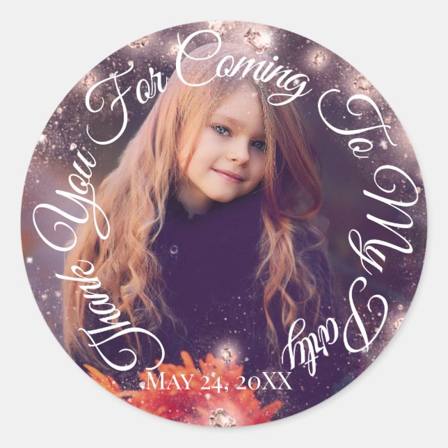 Sticker Rond Merci D'Être Venu À Ma Parties scintillant Photo D (Devant)