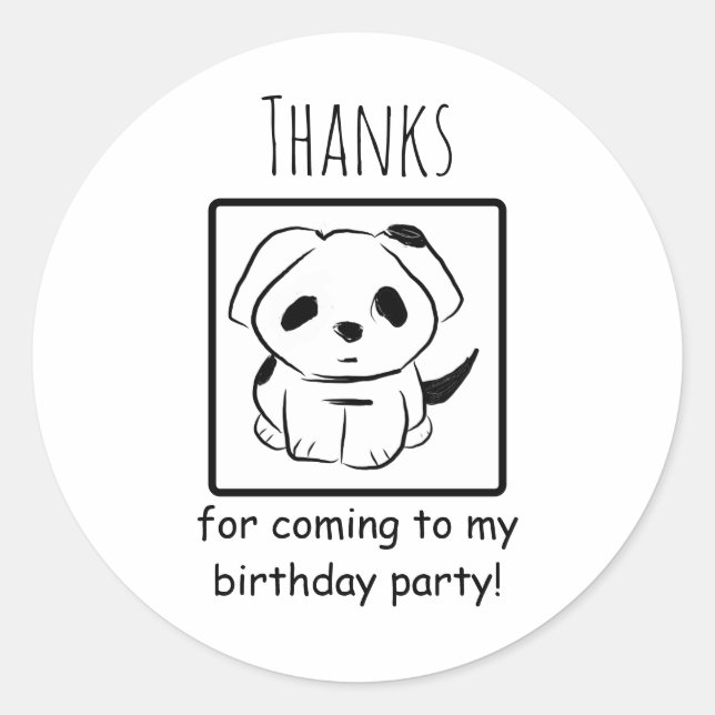 Sticker Rond Merci D'Être Venu À Mon Anniversaire Puppy Party (Devant)