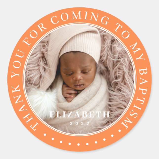 Sticker Rond Merci D'Être Venu À Mon Baptême Photo Moderne (Devant)