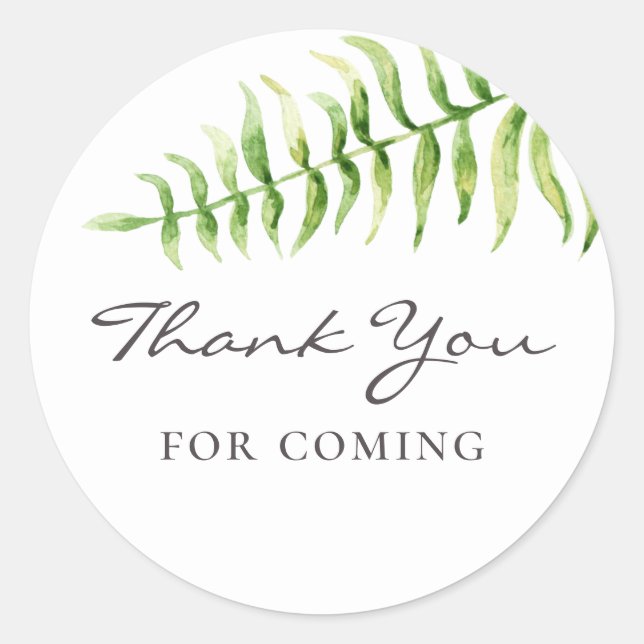 Sticker Rond Merci d'être venu. Baby shower de fougère aquarell (Devant)