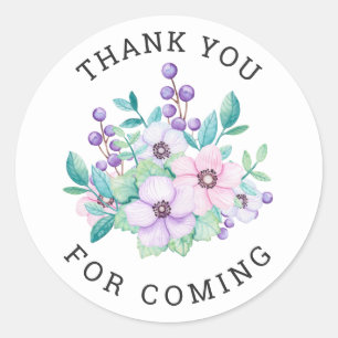 Sticker Rond Merci d'être venu. Baby shower fleuri violet