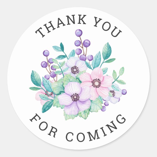 Sticker Rond Merci d'être venu. Baby shower fleuri violet (Devant)