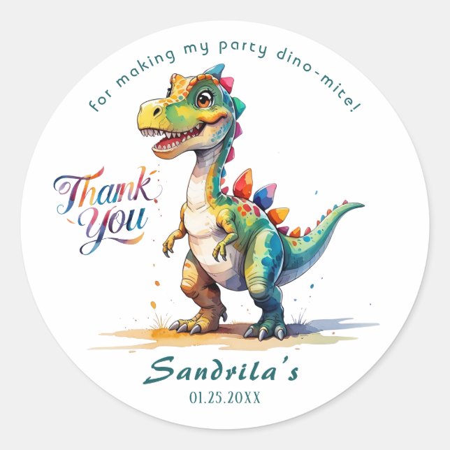 Sticker Rond Merci Dinosaure Aquarelle  (Devant)