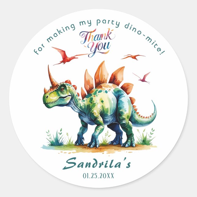 Sticker Rond Merci  Dinosaure Aquarelle  (Devant)