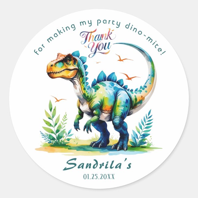Sticker Rond Merci  Dinosaure Aquarelle  (Devant)