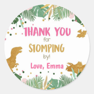 Sticker Rond Merci Dinosaure Stomping Par Fille Anniversaire