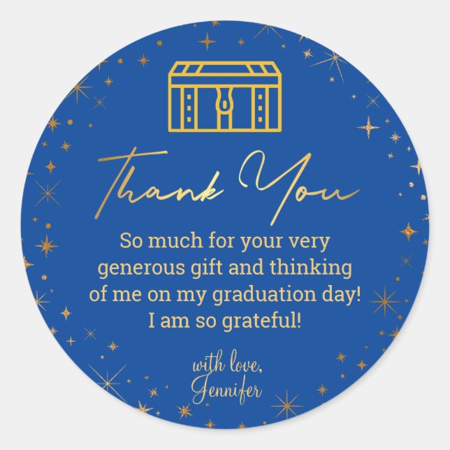 Sticker Rond merci diplôme bleu or tronc parties scintillant (Devant)