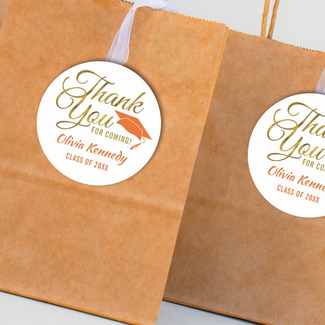 Sticker Rond Merci D'Or Pour La Fête Orange Graduation (Gold Thank You For Coming Orange Graduation Party Classic Round Sticker
)