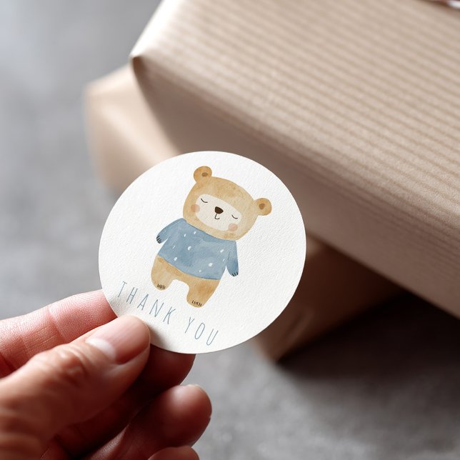 Sticker Rond Merci d'ours en peluche bleu mou dormant (Sleepy boy bear blue thank you sticker)