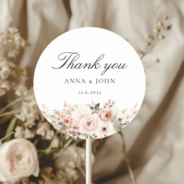 Sticker Rond Merci ! Élégant, blanc, pastel, fleur, mariage (Créateur téléchargé)