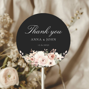 Sticker Rond Merci ! Élégant, noir, pastel, fleur, mariage