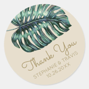 Sticker Rond Merci en feuille de palme de Monstera Tropical