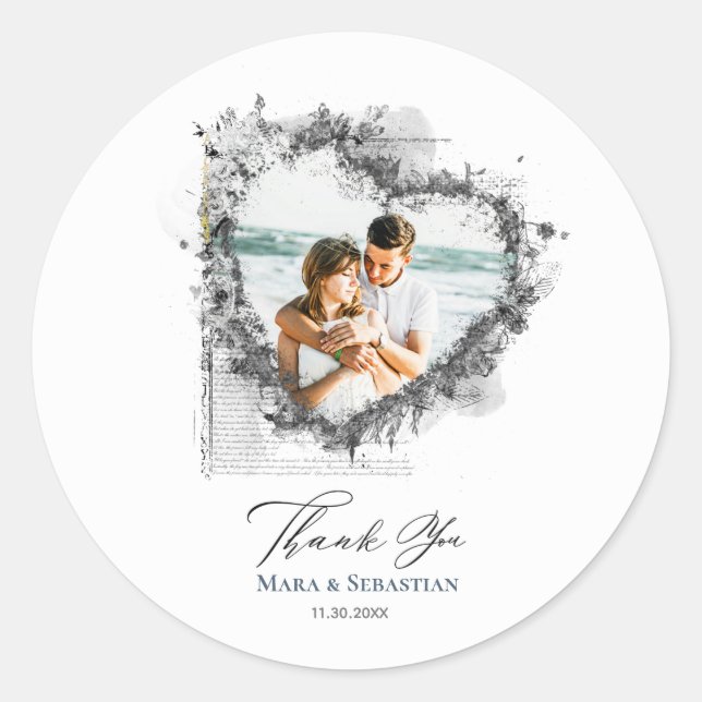 Sticker Rond *~* MERCI éphémère du coeur AR18 Mariage élégant (Devant)