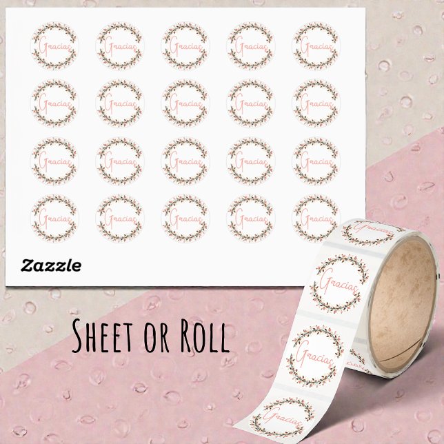 Sticker Rond Merci espagnol Gracias Coral Typographie Wreath (sticker sheet of 20 or roll)