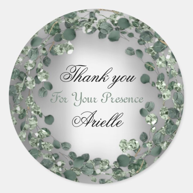 Sticker Rond Merci Eucalyptus Anniversaire Mariée Gris (Devant)