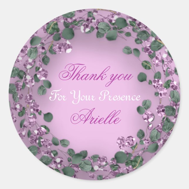 Sticker Rond Merci Eucalyptus Anniversaire Mariée Rose Vert (Devant)