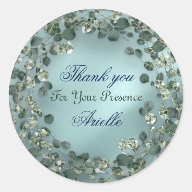 Sticker Rond Merci Eucalyptus Anniversaire Mariée Verdure Aqua (Devant)